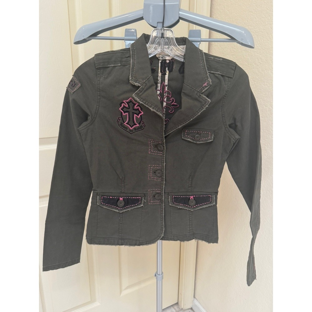 Jaded by Knight Green Military-style Blazer Cotton Leather Embroidered Jacket XS